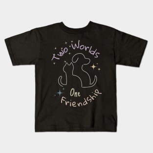 Two worlds, one friendship, white silhouettes of a dog and a cat against the background of colorful stars as a symbol of friendship between different personalities Kids T-Shirt